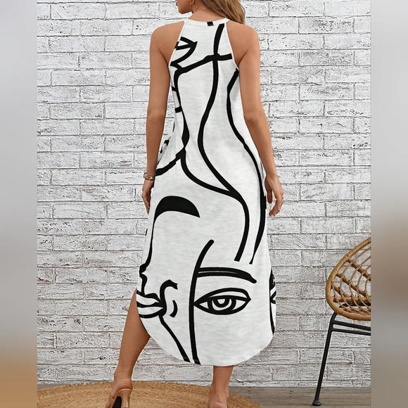 Figure Graphic Hidden Pocket Curved Hem Halter Dress - Picture 2 of 4
